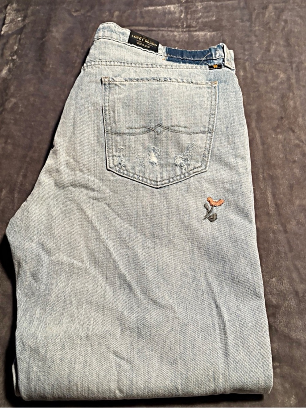 Lucky Brand Light Blue Distressed Boyfriend Jeans with Floral Embroidery - Picture 10 of 15